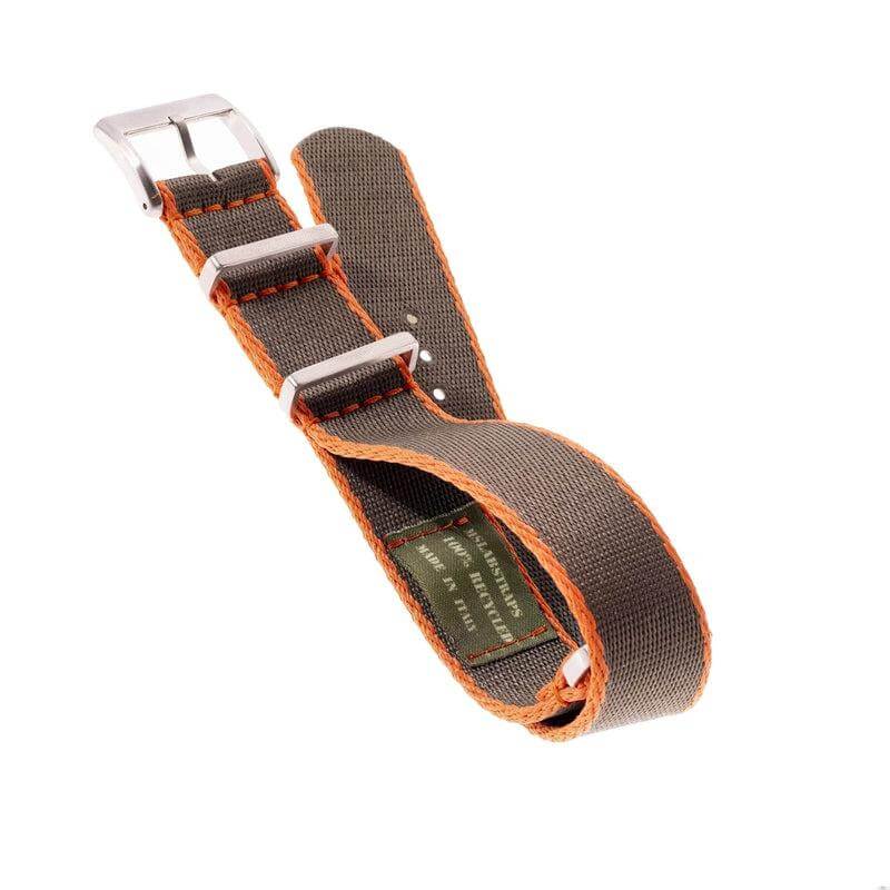Eco-Friendly Nylon Military Watch Strap - Dark Green - Orange Borders - Recycled Military Watch Straps- Milano Straps