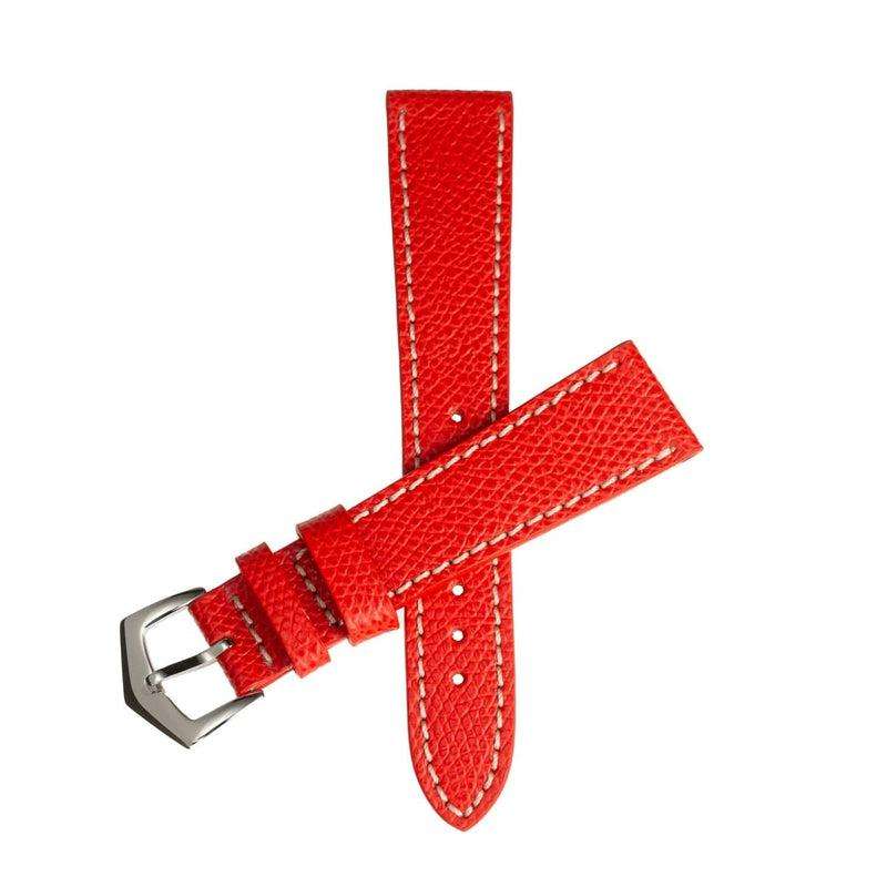 Red Hammered Calfskin leather strap with ecru stitching and silver buckle by Milano Straps, ideal for luxury watch customization.