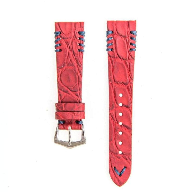 Red Rubberized Crocodile Watch Strap Blue Tribal Stitches - 20mm - Crocodile Strap- Milano Straps