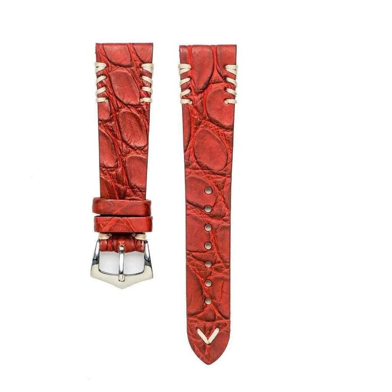 Red Rubberized Crocodile Watch Strap White Tribal Stitches - 20mm - Crocodile Strap- Milano Straps