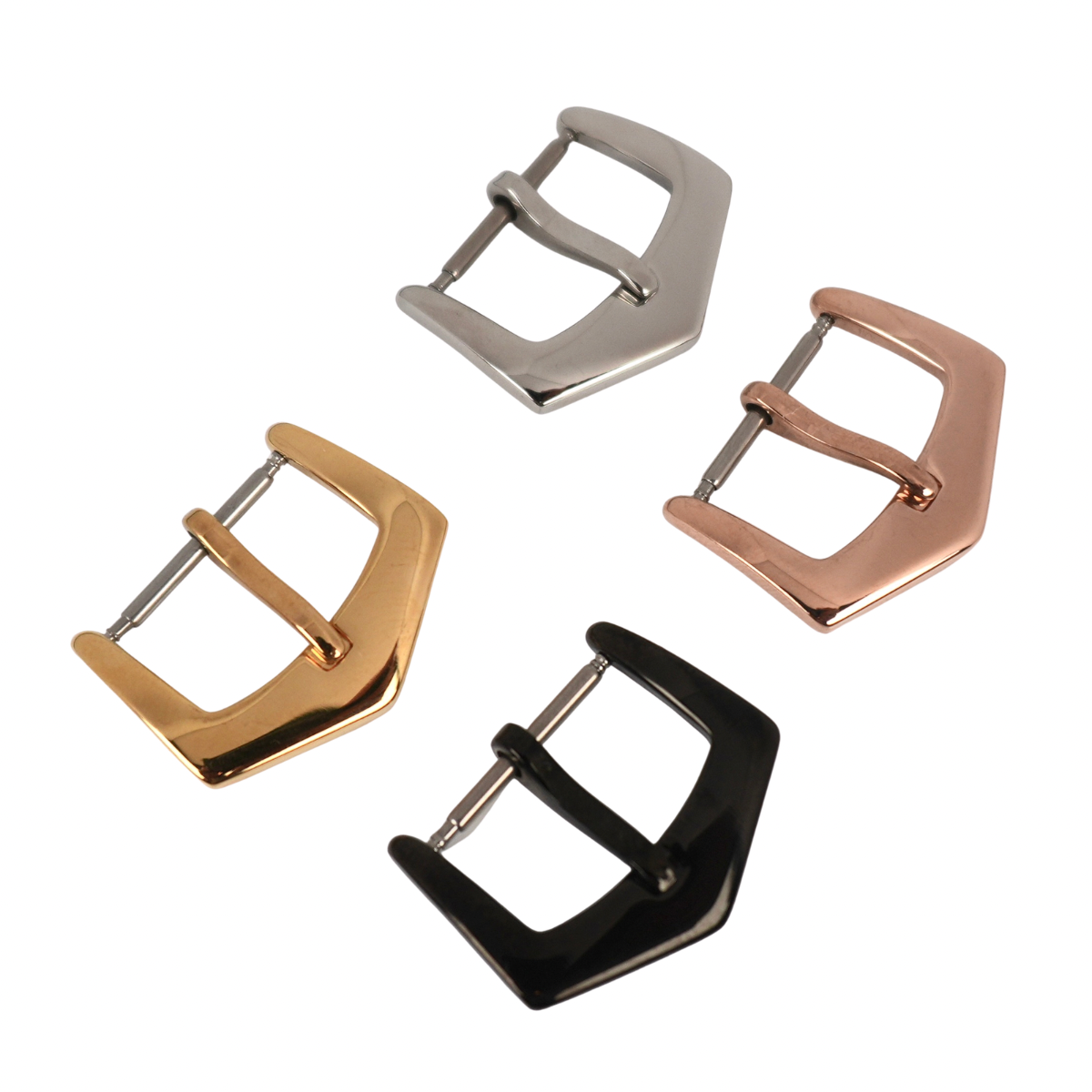 High quality buckles for leather watch straps available in yellow gold, rose gold, stainless steel, and black finishes for secure and elegant closure