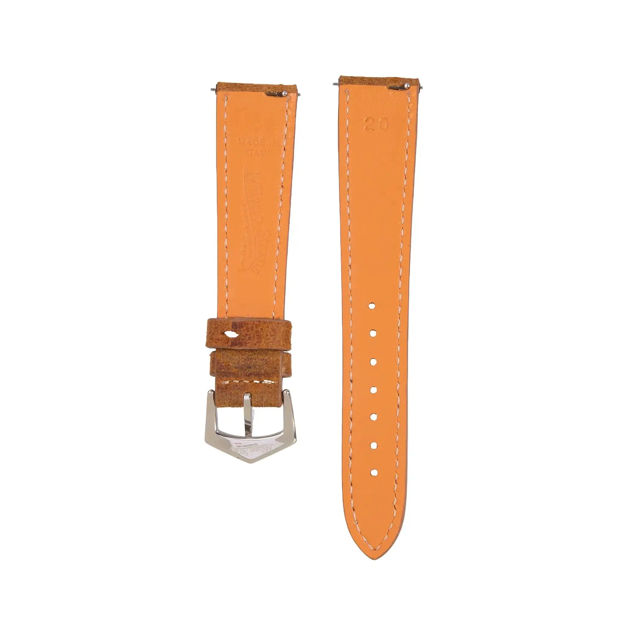 Back view of Mohawk Coach Leather Watch Band in cognac, revealing smooth orange leather lining and 'Made in Italy' embossing for authenticity.