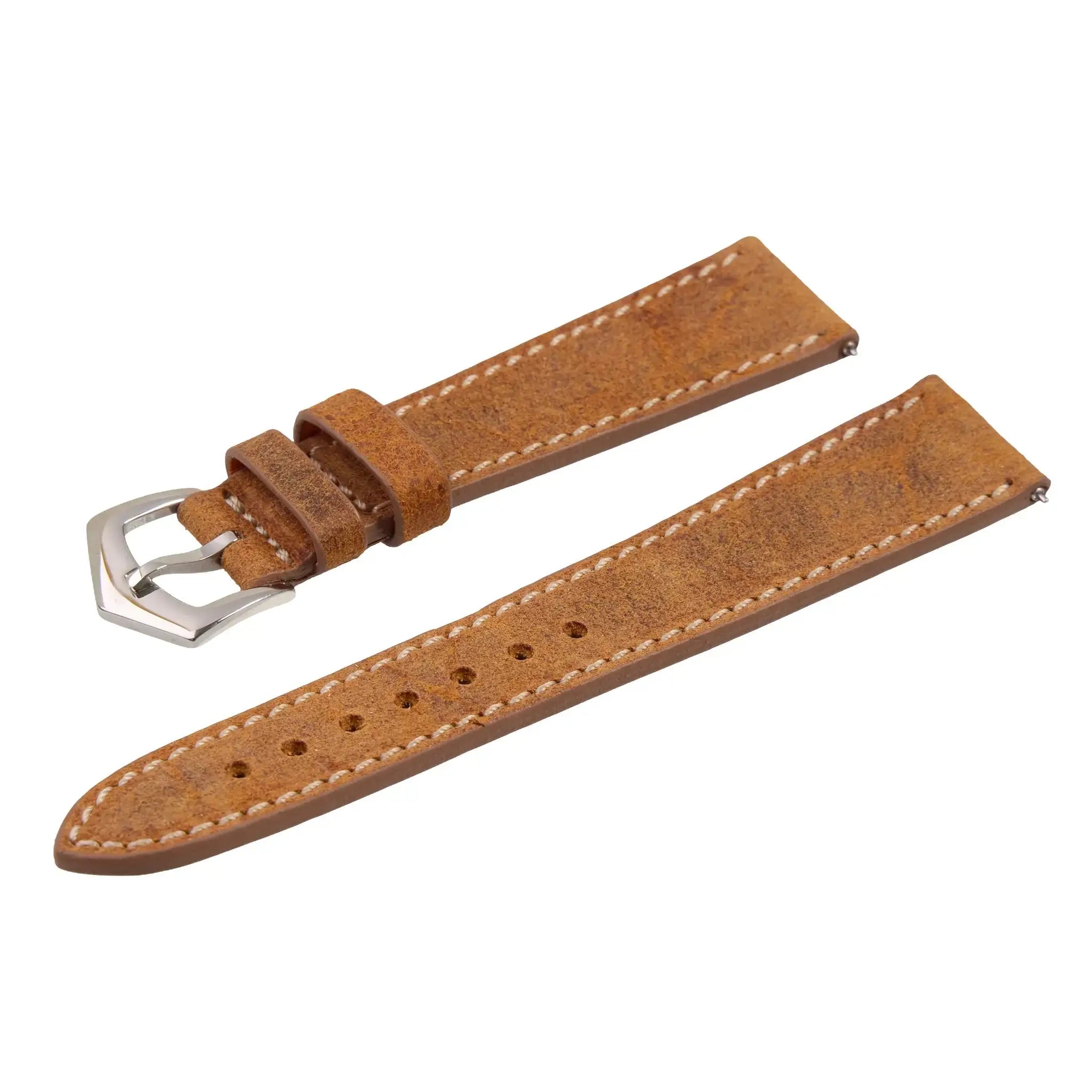 Angled view of Milano Straps Mohawk Cognac Leather Watch Strap, showcasing premium Tuscan leather and stainless steel buckle for a refined look.