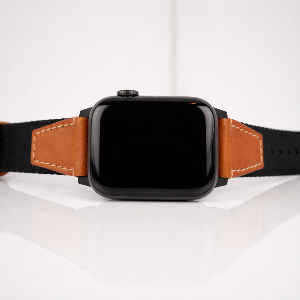Apple Watch Leather Nylon Military Black Band