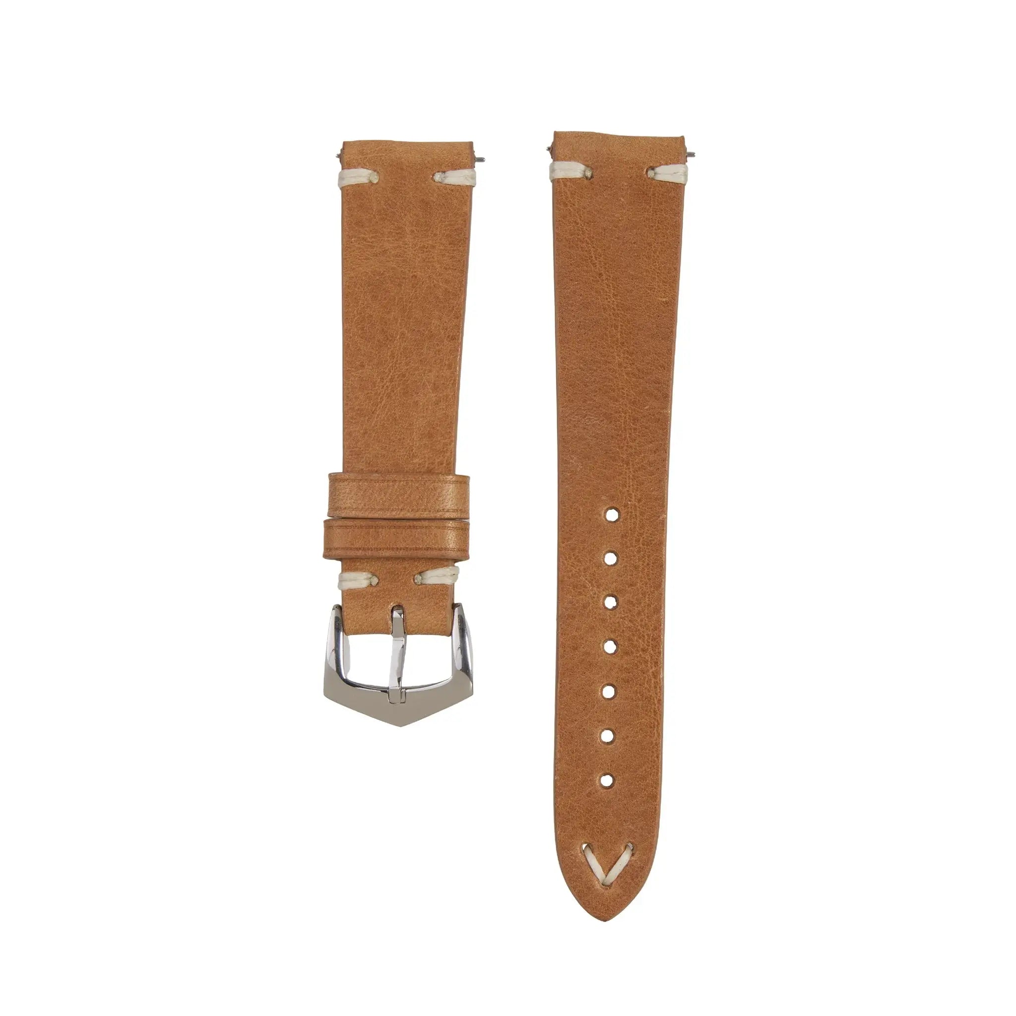 Premium Tuscan Vintage Natural Leather Watch Strap featuring hand-stitched details and stainless steel buckle, perfect for luxury watches.