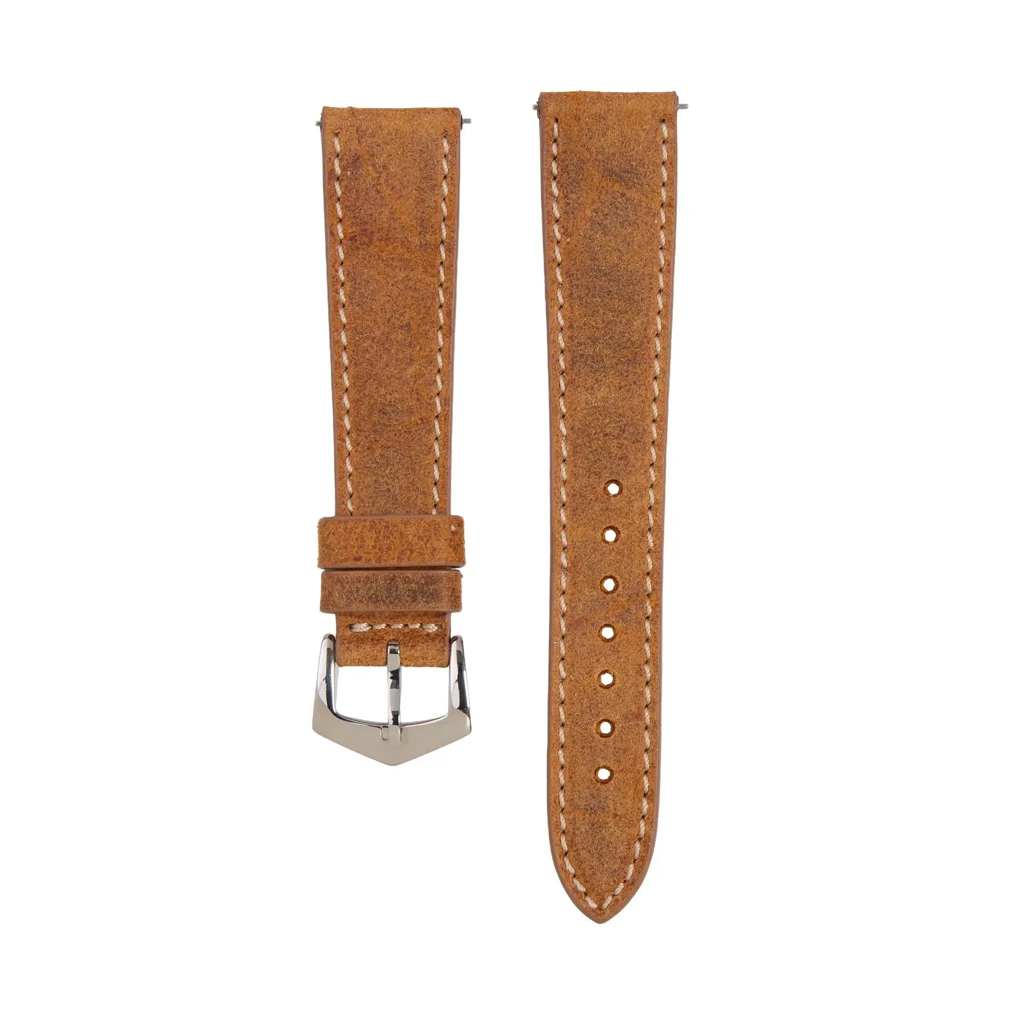 Handcrafted Mohawk Coach Leather Watch Band in cognac brown with white stitching. Elegant Italian-made strap for classic and Apple-compatible watches.