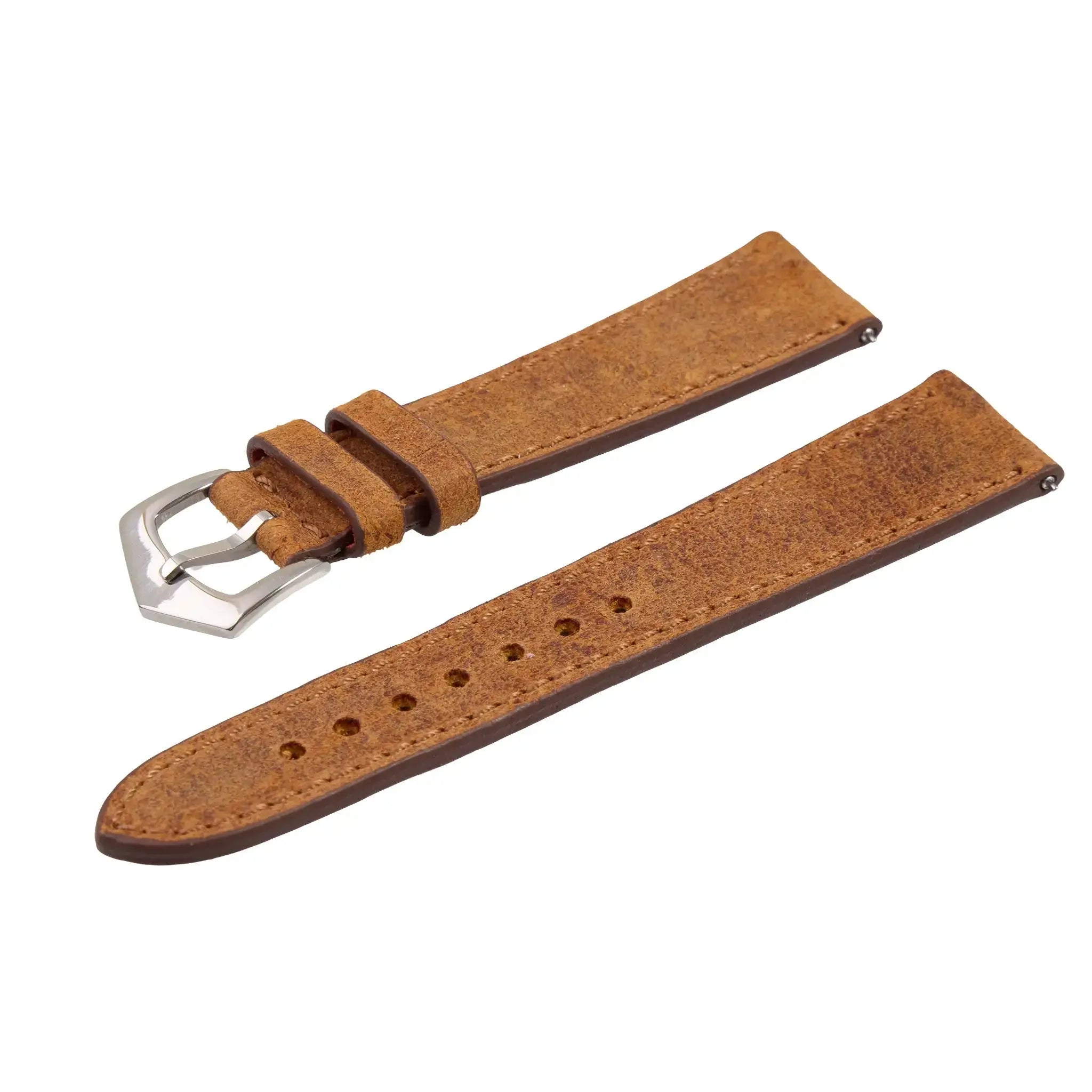 Angled view of British-style Cognac Mohawk leather watch strap with stainless steel buckle, crafted in Italy for timeless durability.