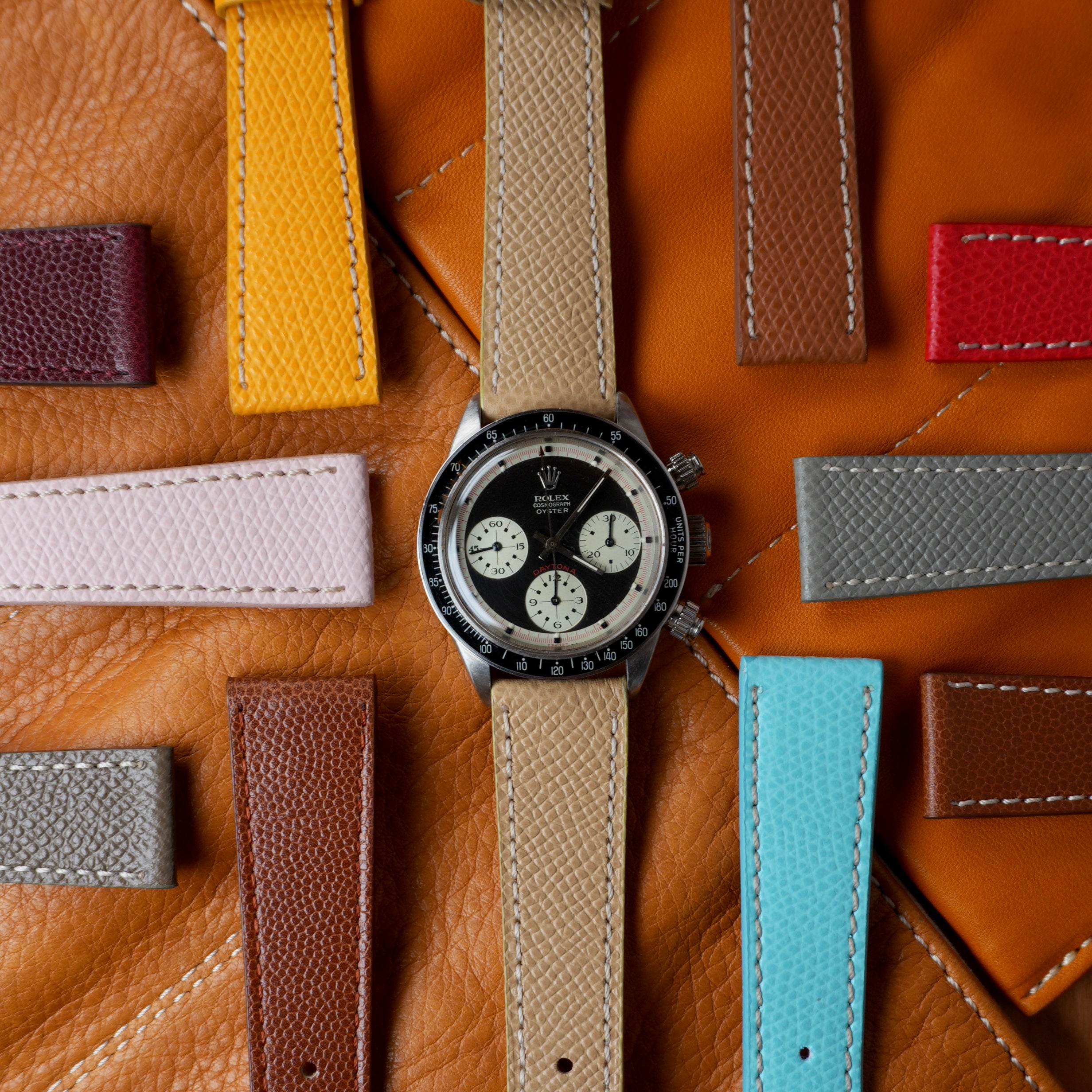 Berry Fuchsia Saffiano Leather White Stitches Watch Strap