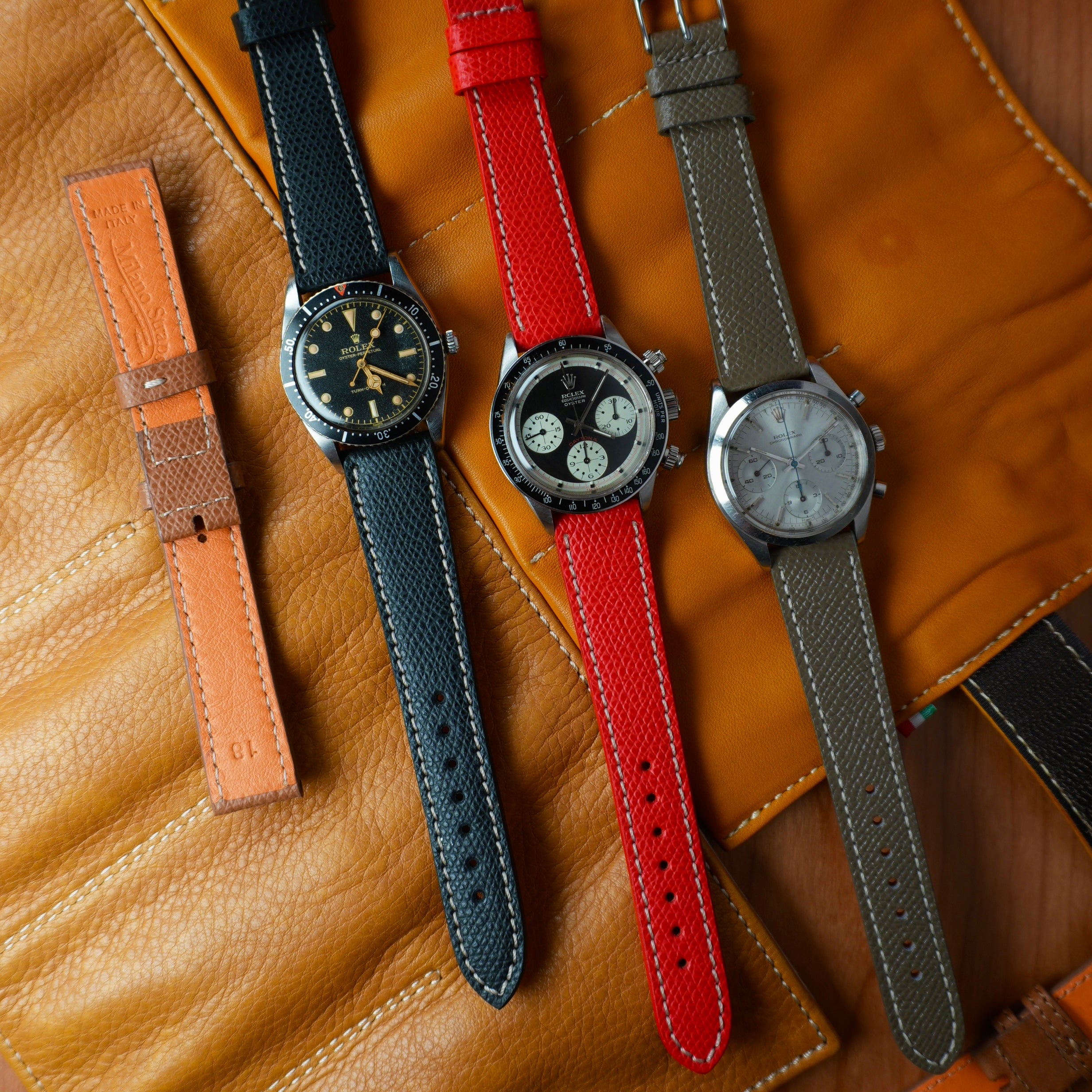 Green Saffiano Leather Ecru Stitches Watch Strap