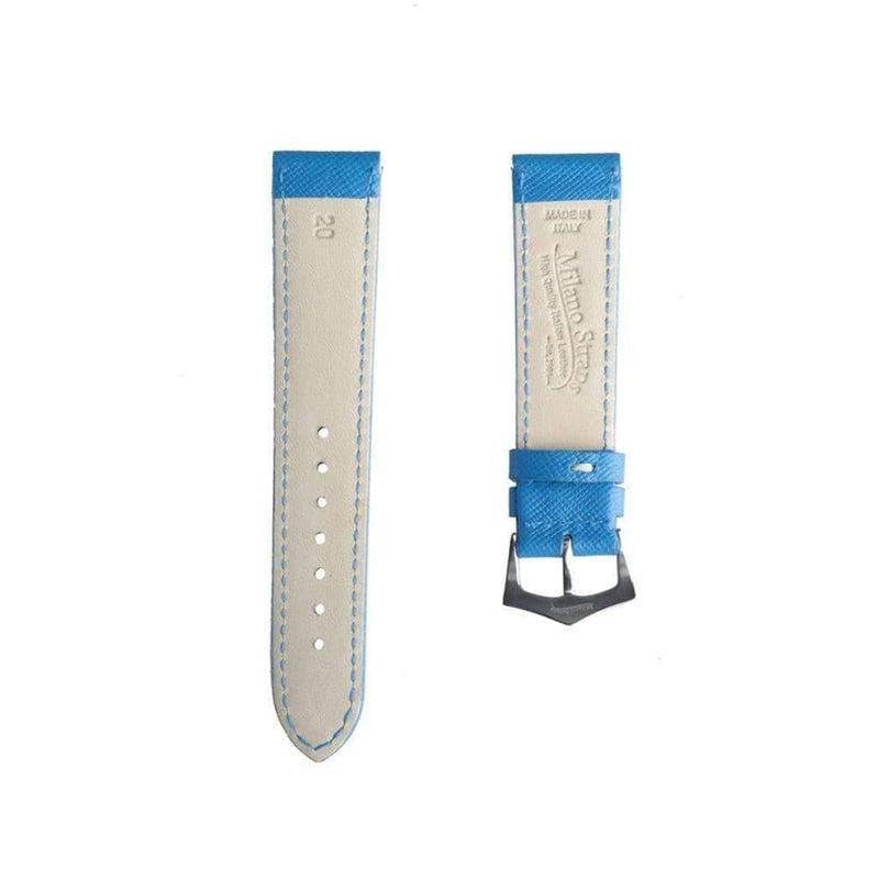 Light Blue Saffiano Folded Edge Blue Stitches Watch Strap - Leather strap- Milano Straps