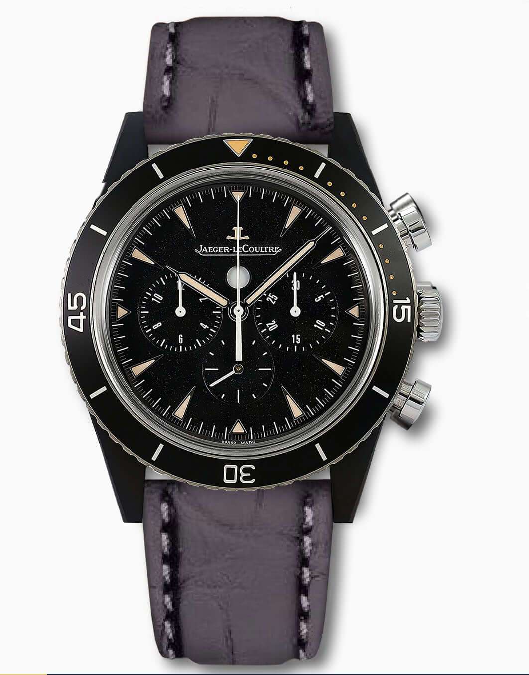 Jaeger LeCoultre watch fitted with Matt Black Alligator Watch Strap from Milano Straps, showcasing a premium, elegant upgrade for high-end chronographs.