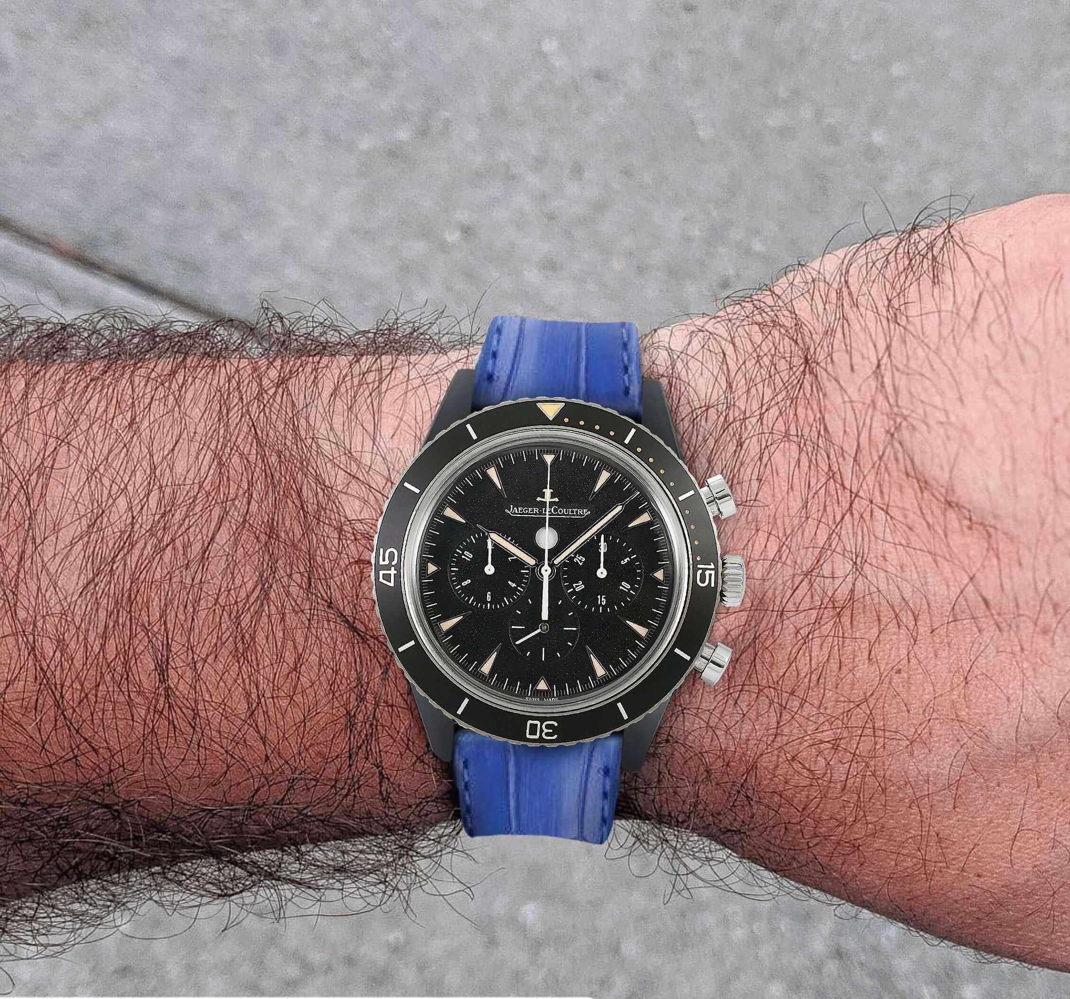 Matt Light Blue Alligator Watch Strap | Milano Straps fitted on a Jaeger-LeCoultre watch, showcasing elegant wristwear style.