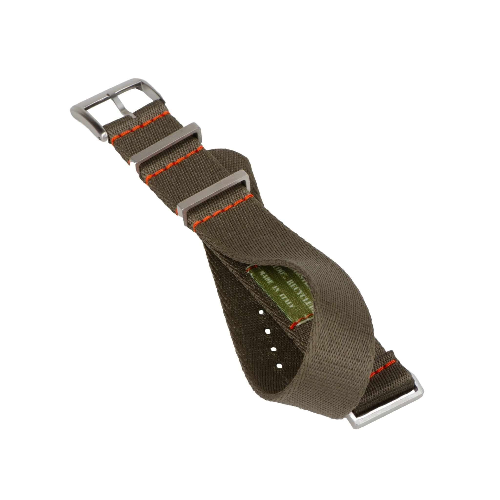 Eco-Friendly Nylon Military Watch Strap - Dark Green Orange Stitches - Recycled Military Watch Straps- Milano Straps