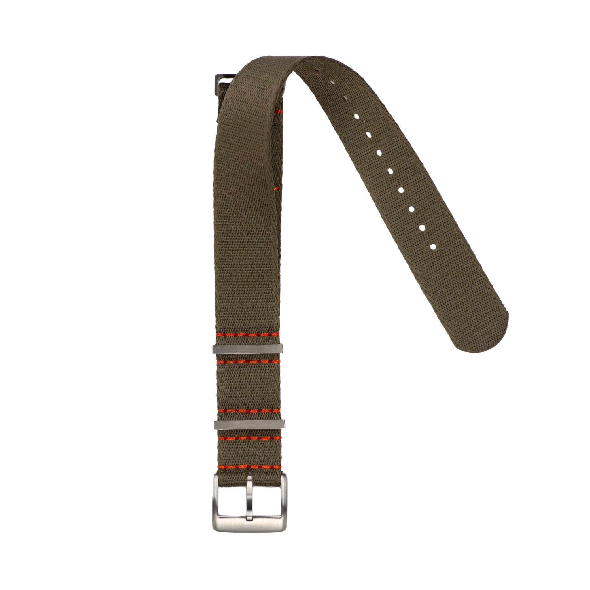 Eco-Friendly Nylon Military Watch Strap - Dark Green Orange Stitches - Recycled Military Watch Straps- Milano Straps