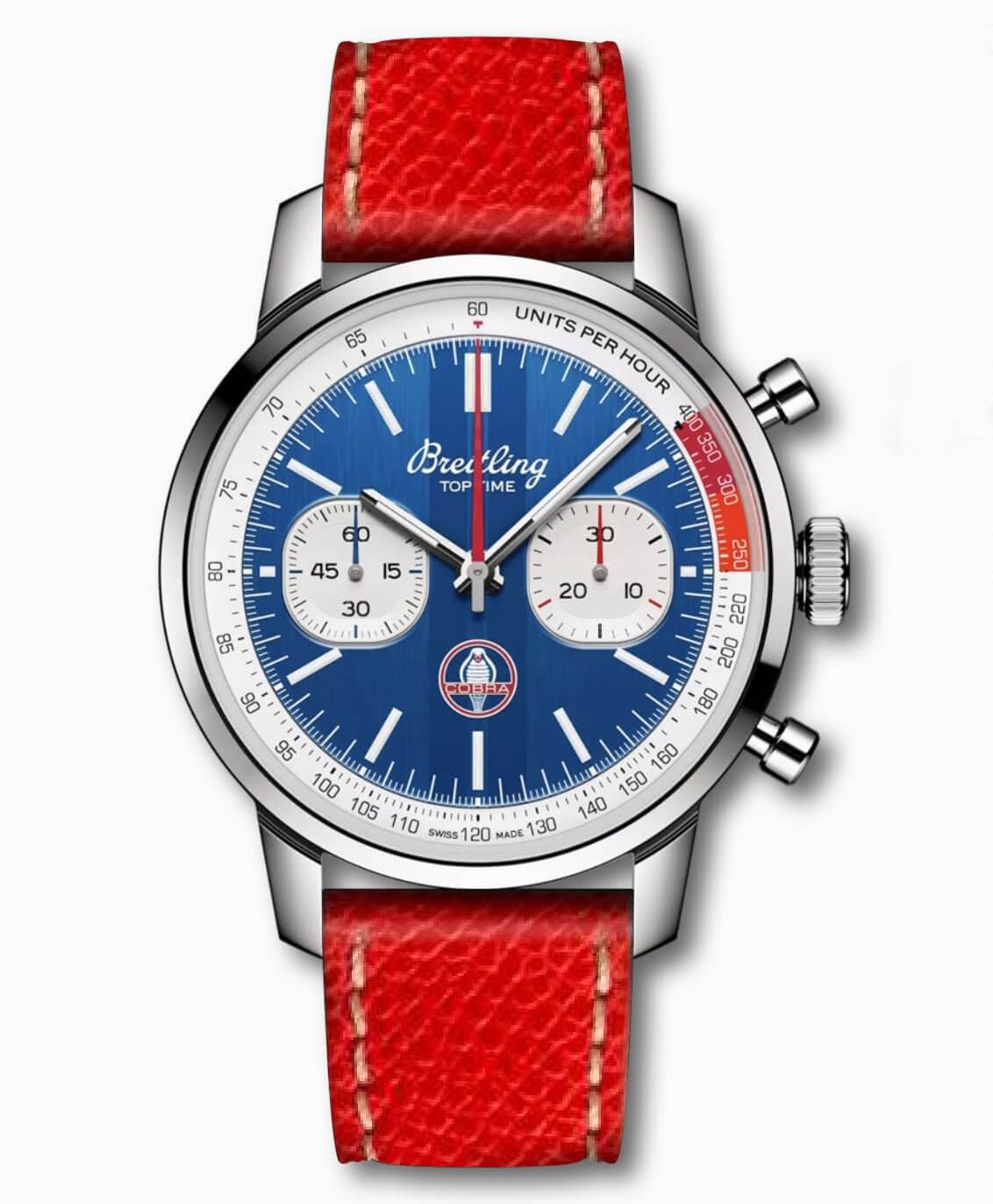 Breitling watch paired with Red Hammered Calfskin strap featuring ecru stitches from Milano Straps, enhancing sporty elegance.