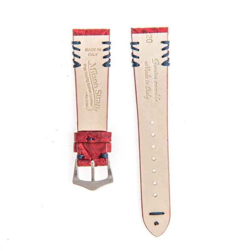 Red Rubberized Crocodile Watch Strap Blue Tribal Stitches - 20mm - Crocodile Strap- Milano Straps