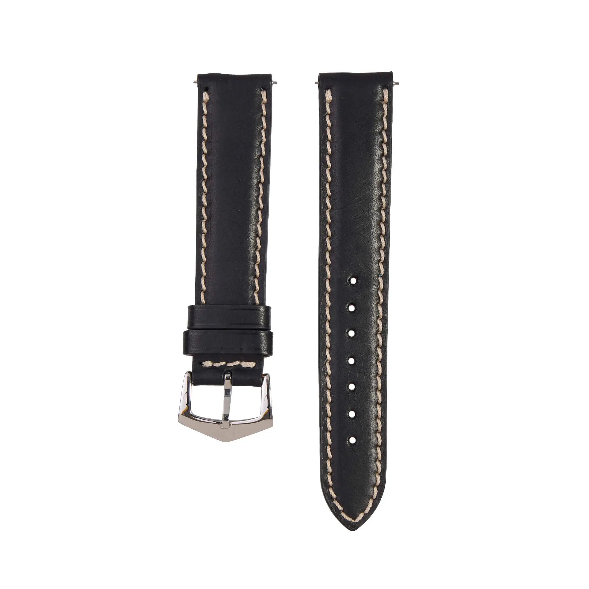 Milano Straps Black Premium Tuscan leather watch band featuring hand-stitched edges and classic buckle, perfect for refined wristwear.