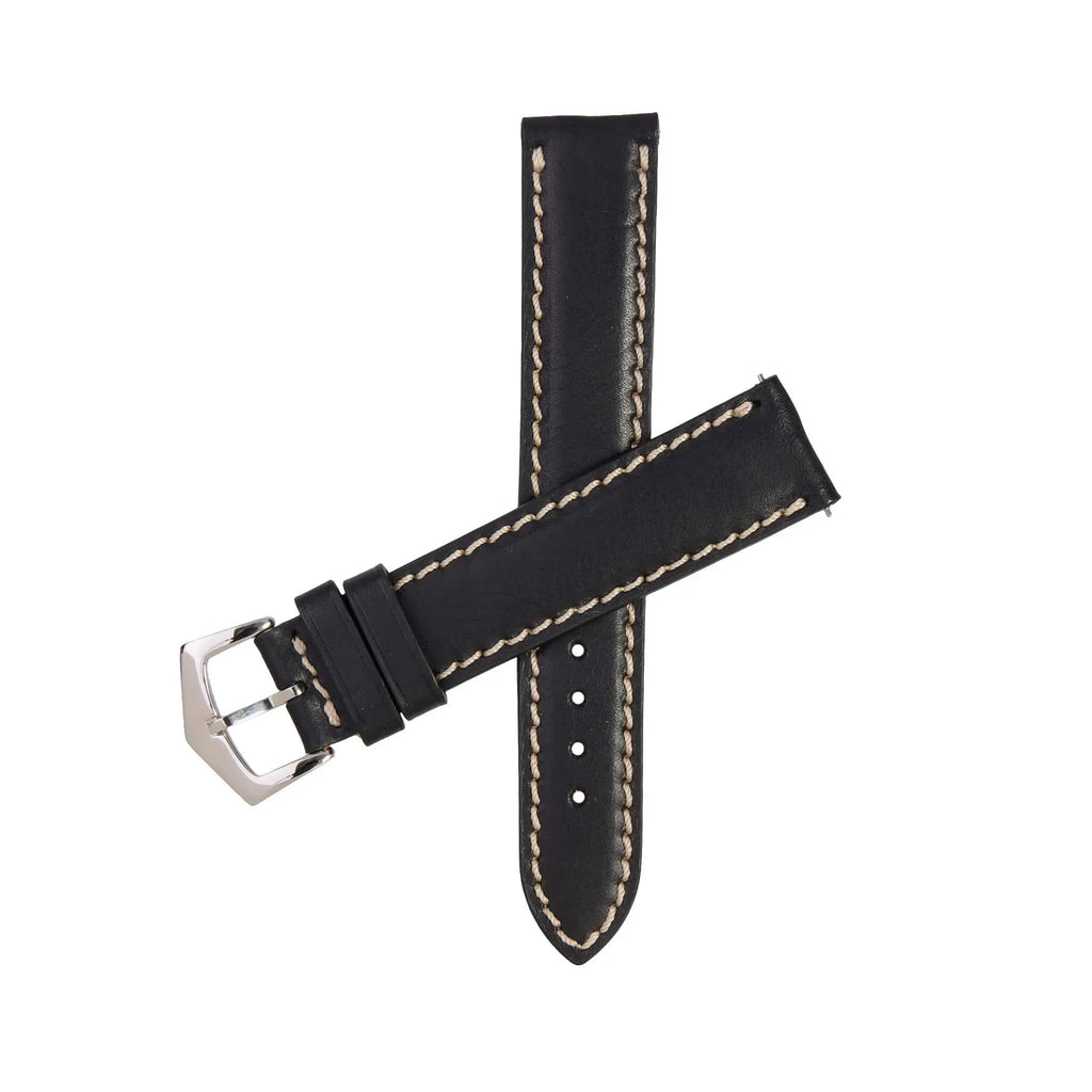 Black Premium Tuscan Watch Band | Milano Straps with contrast stitching and polished silver buckle, ideal for luxury timepieces.
