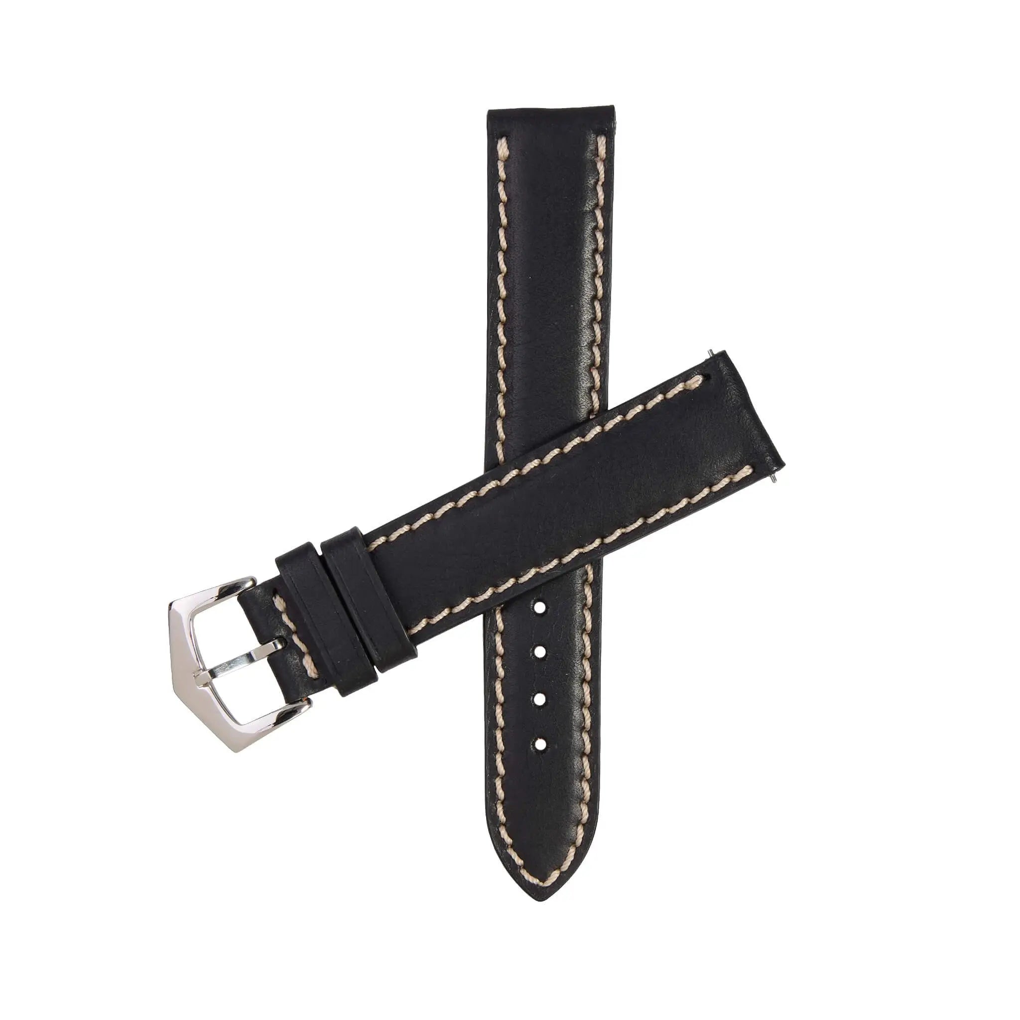 Black Premium Tuscan Watch Band | Milano Straps with contrast stitching and polished silver buckle, ideal for luxury timepieces.