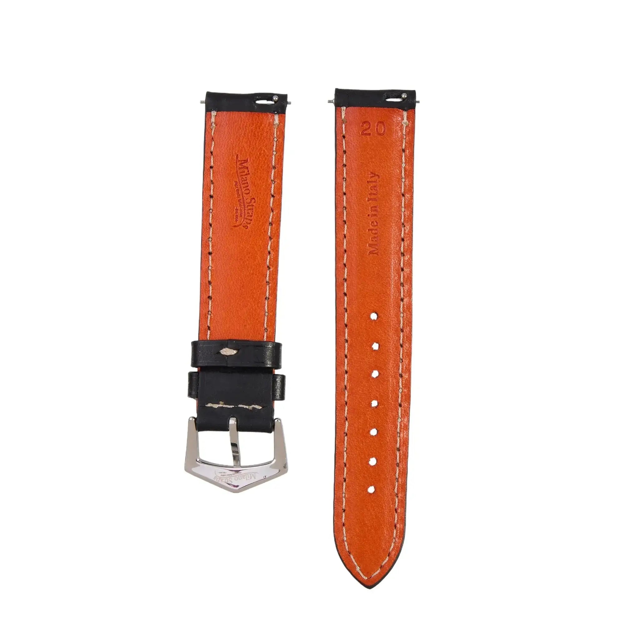 Back view of Black Premium Tuscan Watch Band | Milano Straps revealing orange leather lining and 'Made in Italy' embossing.