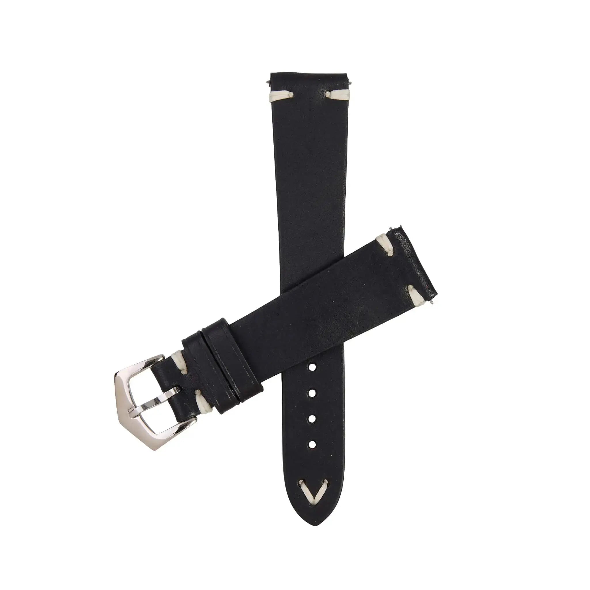 Premium Tuscan Black Leather Watch Strap by Milano Straps featuring vintage stitching and stainless steel buckle, ideal for luxury timepieces.