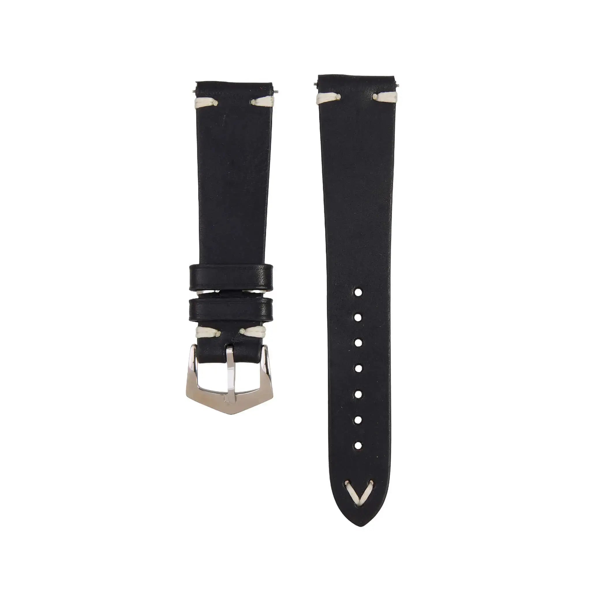 Handcrafted Premium Tuscan Vintage Black Leather Watch Strap with contrast stitching and adjustable holes, perfect for classic watch upgrades.