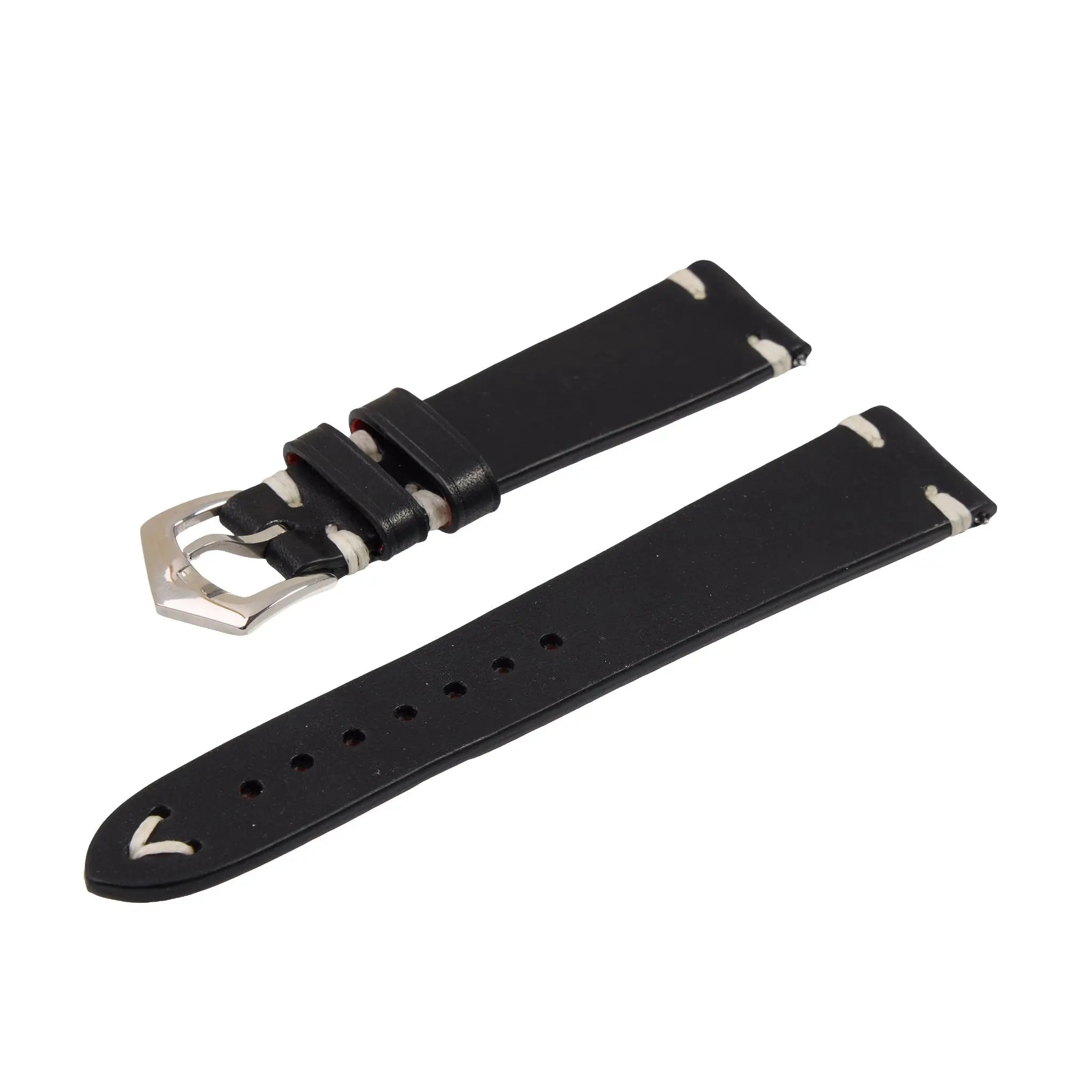 Angled view of Milano Straps Premium Tuscan Black Leather Watch Strap highlighting durable leather texture and vintage-inspired design.