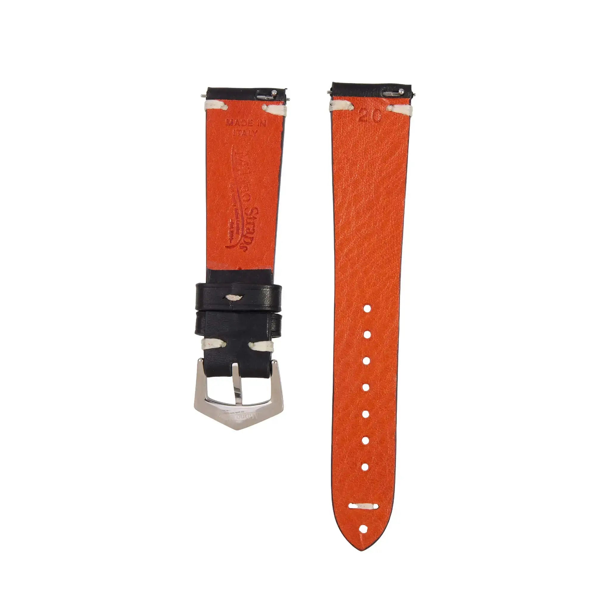 Back view of Premium Tuscan Black Leather Watch Strap showing Italian craftsmanship and embossed branding, compatible with 20mm lugs.