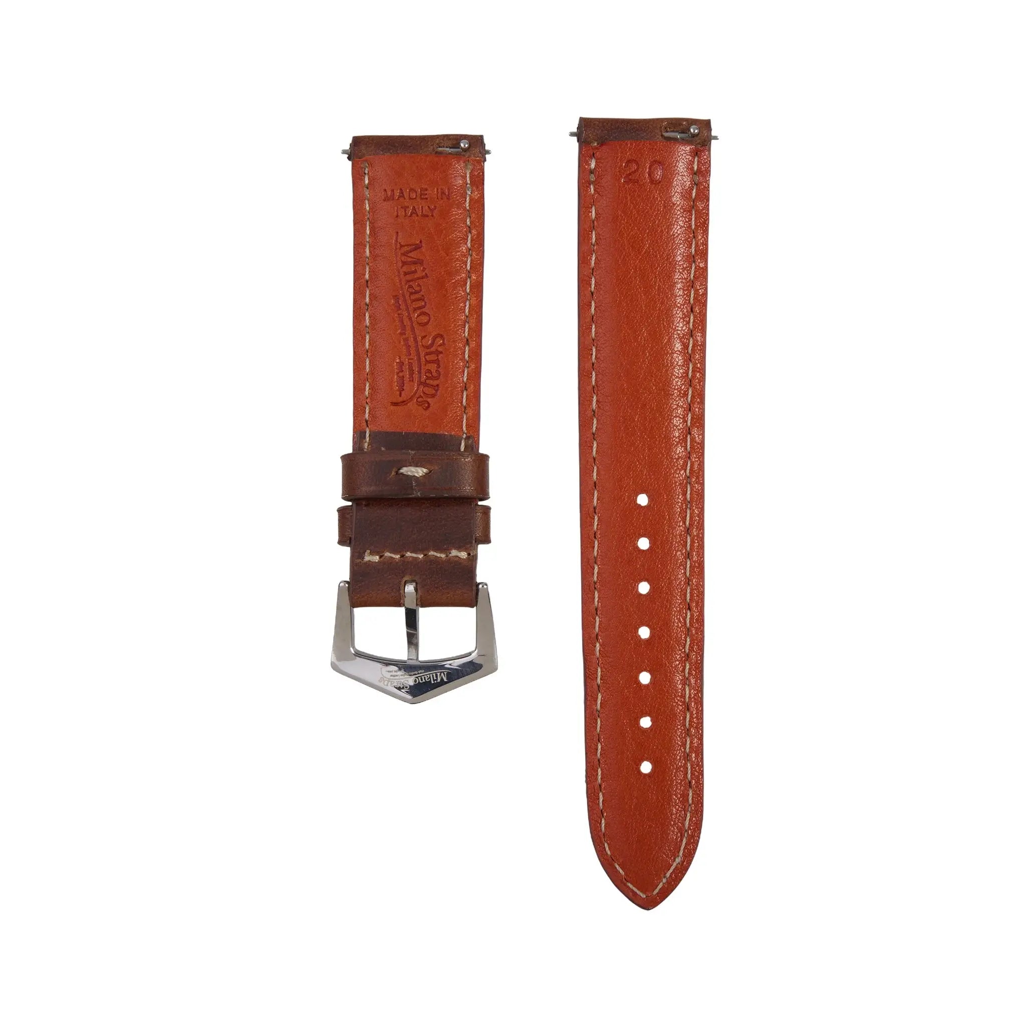 Back view of brown Tuscan vintage leather watch band showing 'Made in Italy' embossing and size marking, crafted for durability and elegance.