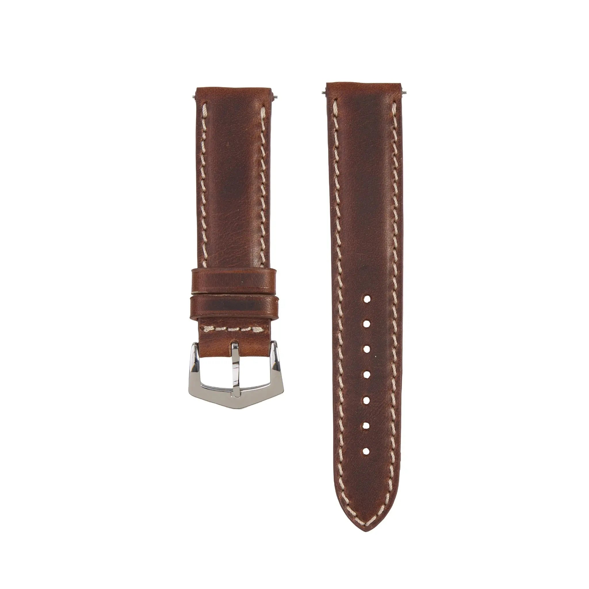 Premium Tuscan leather watch strap in rich brown with contrast stitching, designed for luxury watches and available in multiple lug widths.