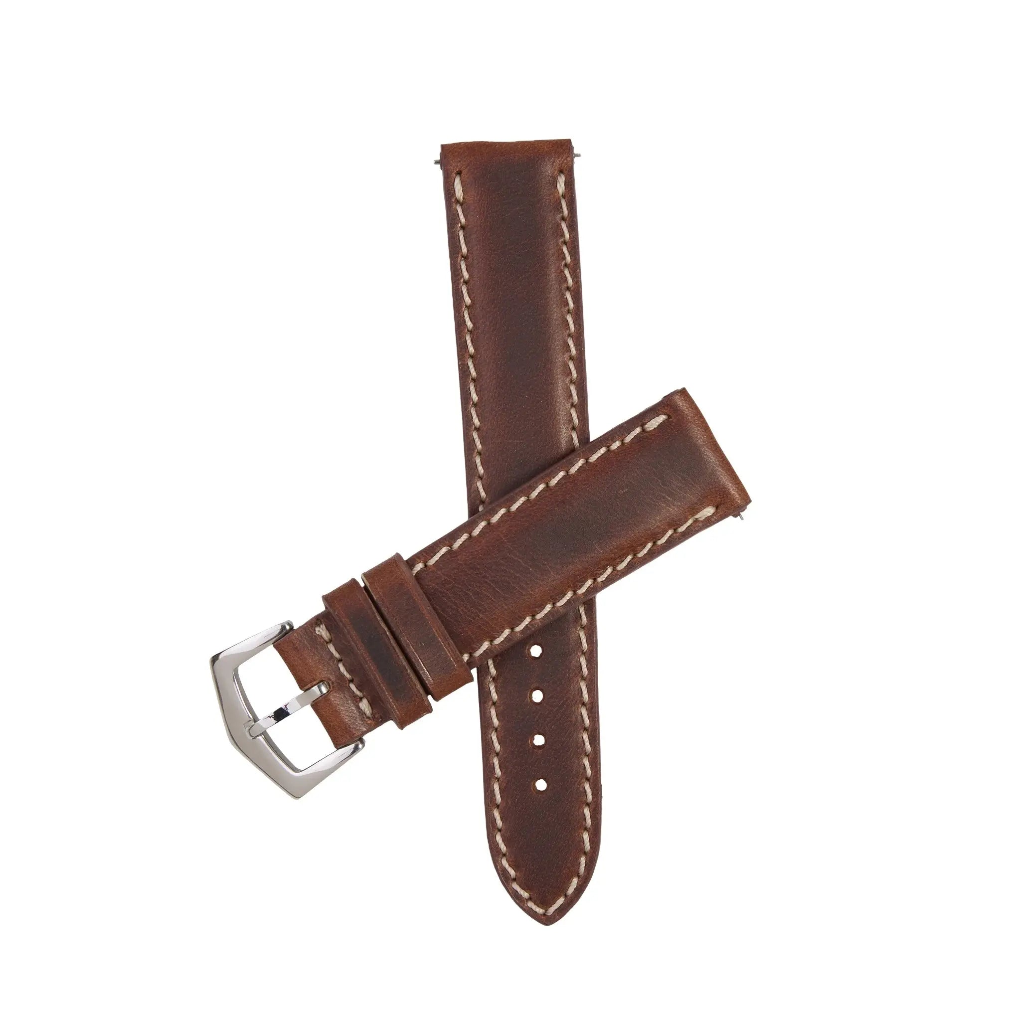 Brown Tuscan vintage leather watch band with white stitching and stainless steel buckle, ideal for classic timepieces and Italian craftsmanship lovers.