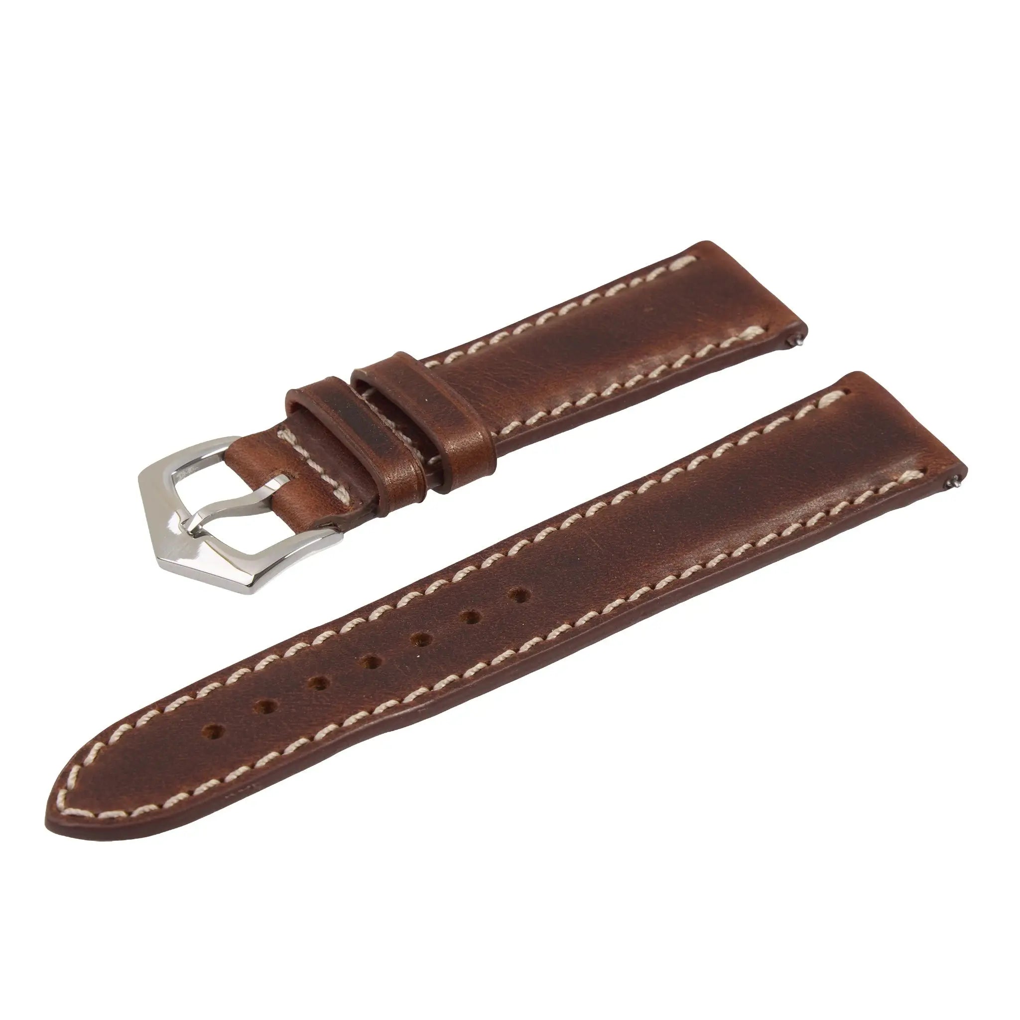 Angled view of brown Tuscan vintage leather watch strap with polished buckle, highlighting premium Italian leather and artisanal stitching.