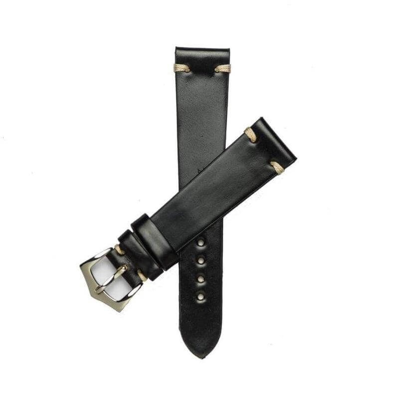 Black Cordovan Leather Watch Strap Ecru Stitches - Leather strap- Milano Straps