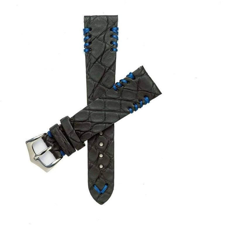 Black Rubberized Crocodile Watch Strap Blue Tribal Stitches - 20mm - Crocodile Strap- Milano Straps