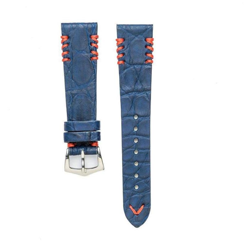 Blue Rubberized Crocodile Watch Strap Red Tribal Stitches - Crocodile Strap- Milano Straps