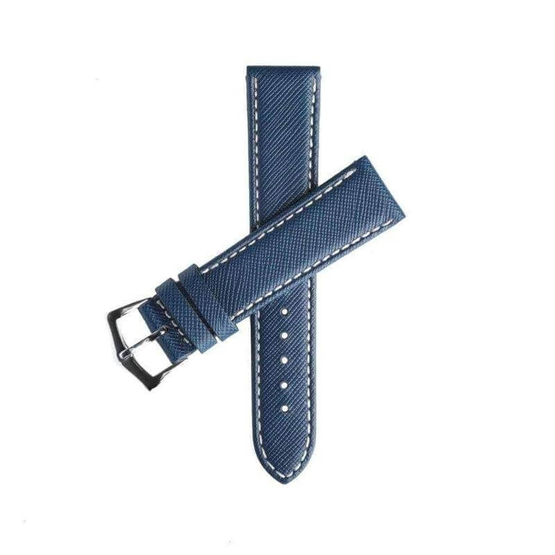 Blue Saffiano Folded Edge White Stitches Watch Strap - Leather strap- Milano Straps