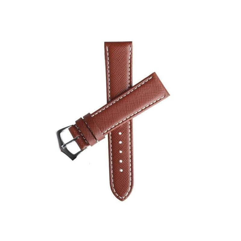 Brown Saffiano Folded Edge White Stitches Watch Strap - Leather strap- Milano Straps