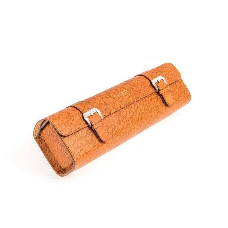 Leather watch case, Epsom leather travel watch roll, Golden Brown