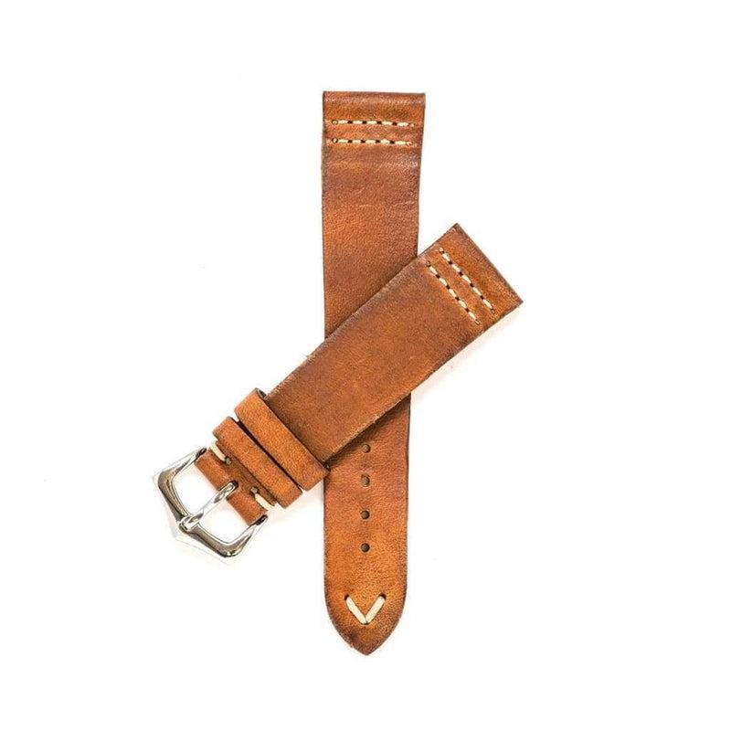 Cognac Vintage Leather Watch Strap Doble Stitches - Leather strap- Milano Straps