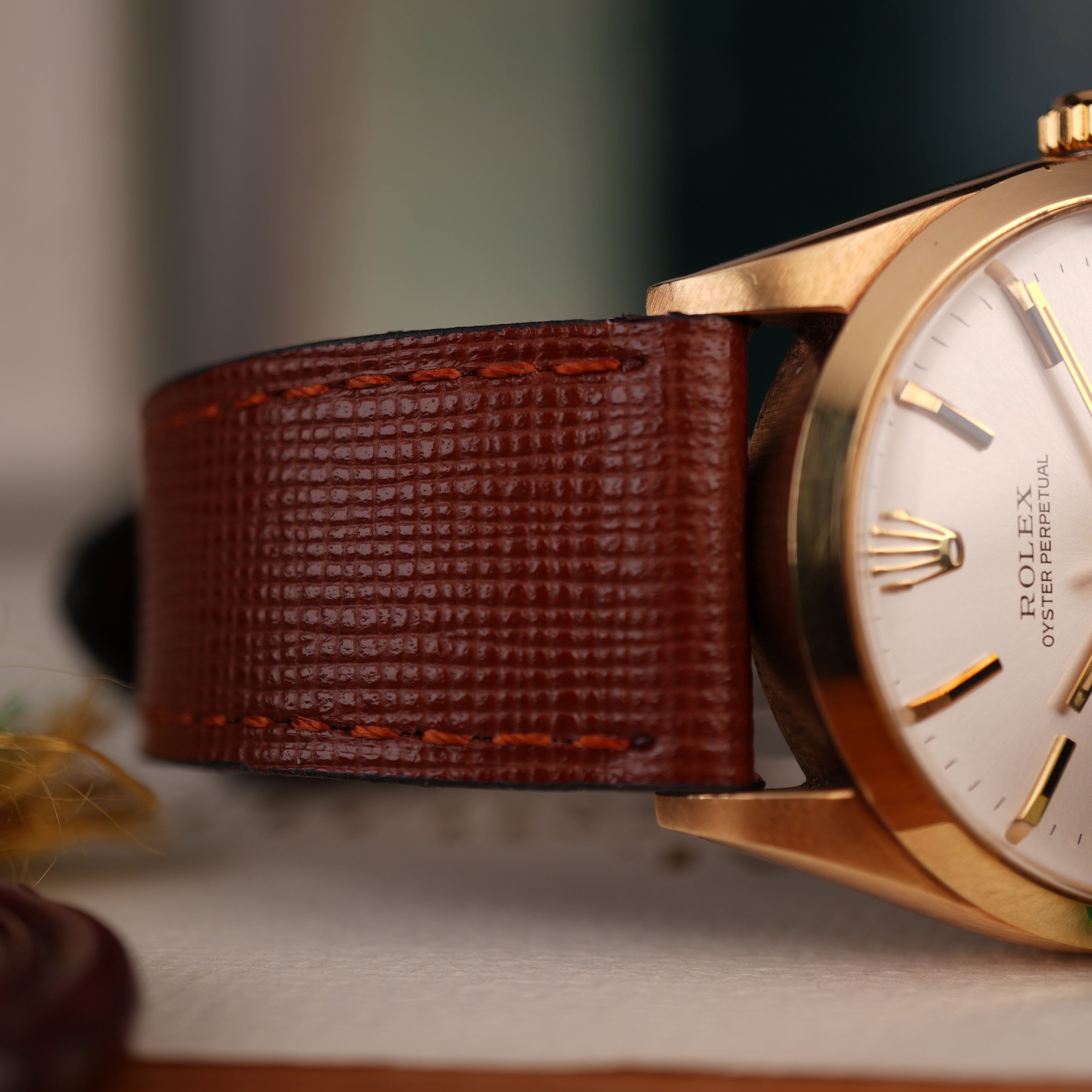 Brown Saffiano  Leather Tone Stitching  Watch Strap