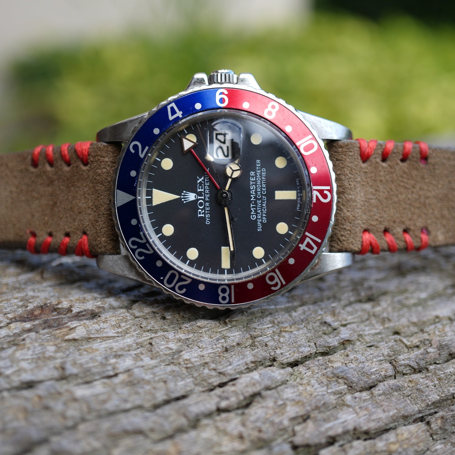 Military Green Suede Vintage Watch Strap Tribal Red Stitches