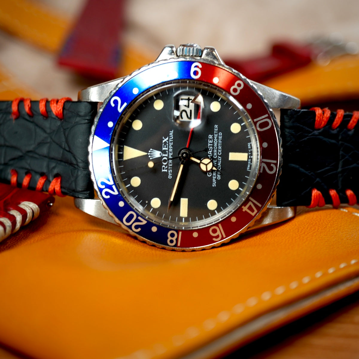 Vintage Black Crocodile Watch Strap with Red Tribal Stitches