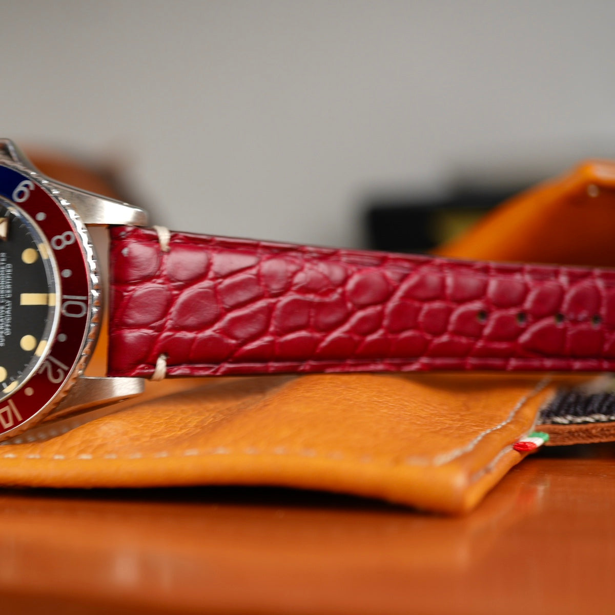 Matt Burgundy Alligator Minimal Stitches Watch Strap
