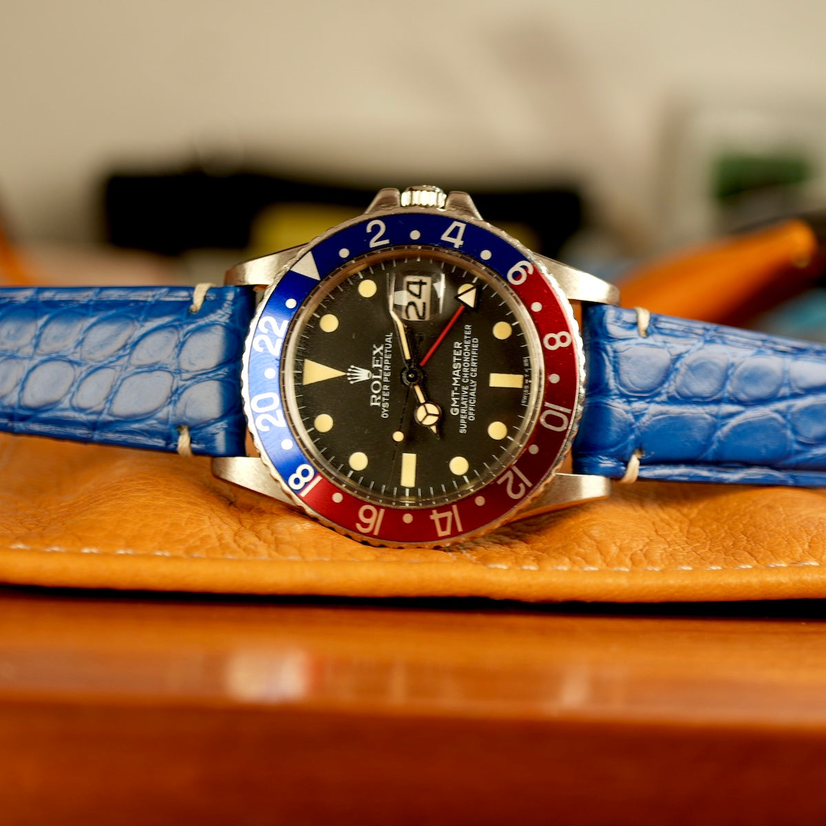 one of the best straps for vintage rolex gmt  blue alligator leather strap 