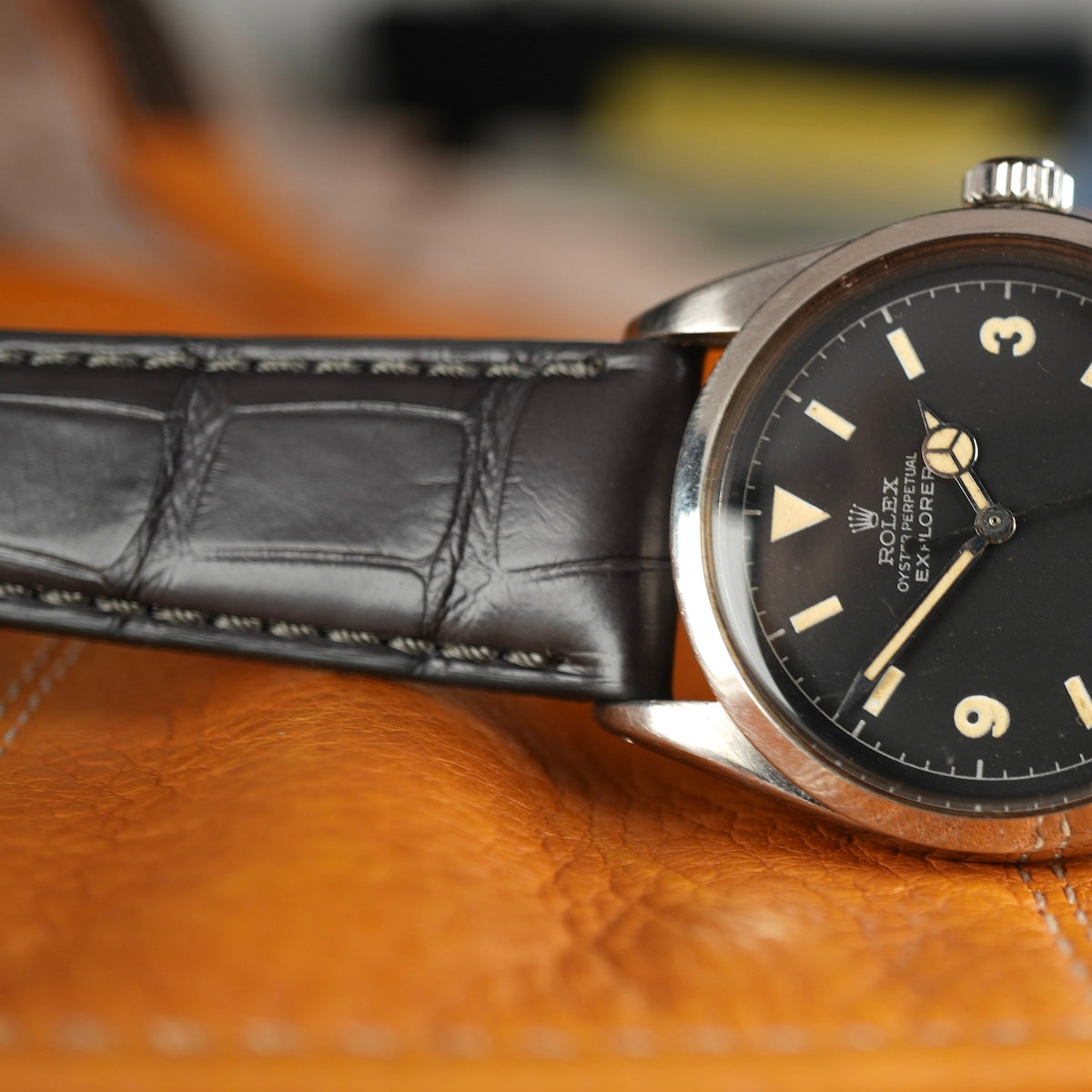 rolex explorer on leather strap alligator