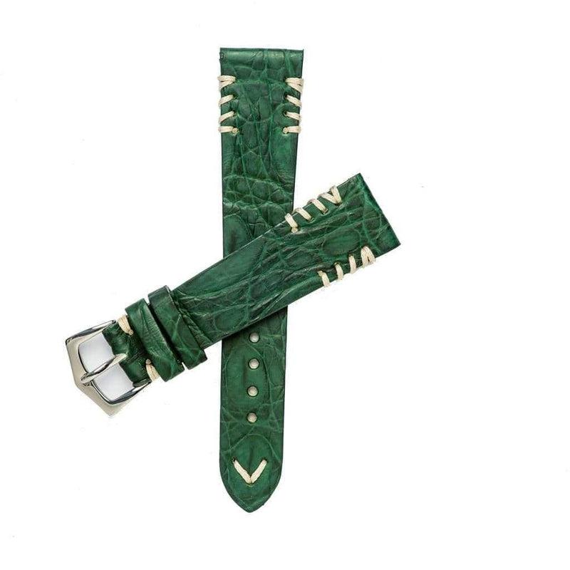 Green Rubberized Crocodile Watch Strap Ecru Tribal Stitches - 20mm - Crocodile Strap- Milano Straps