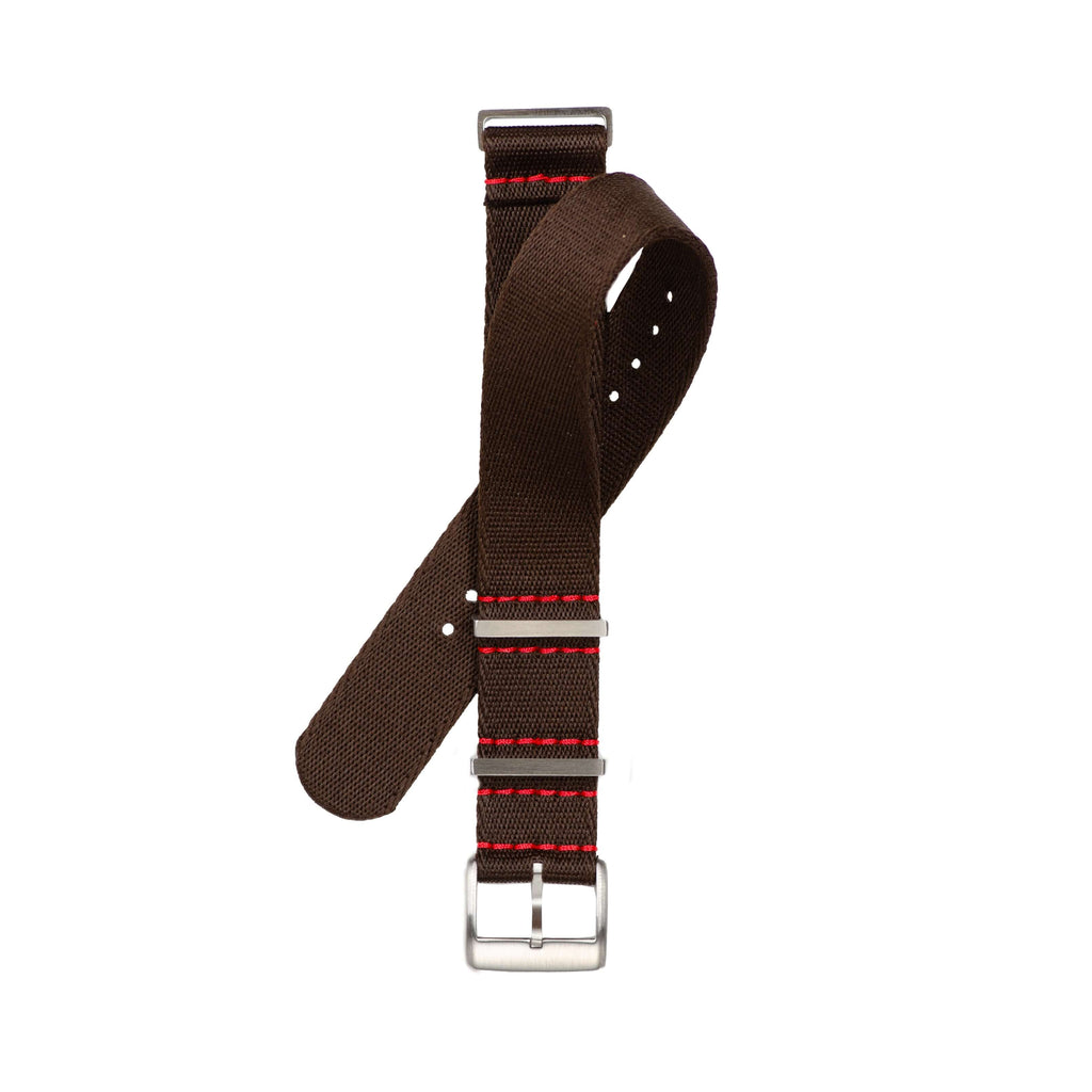 Eco-Friendly  Nylon Military  Watch Strap - Brown Red Stitches - Recycled Military Watch Straps- Milano Straps