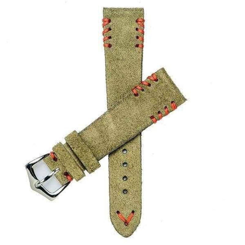 Military Green Suede Vintage Watch Strap Tribal Red Stitches - Suede strap- Milano Straps