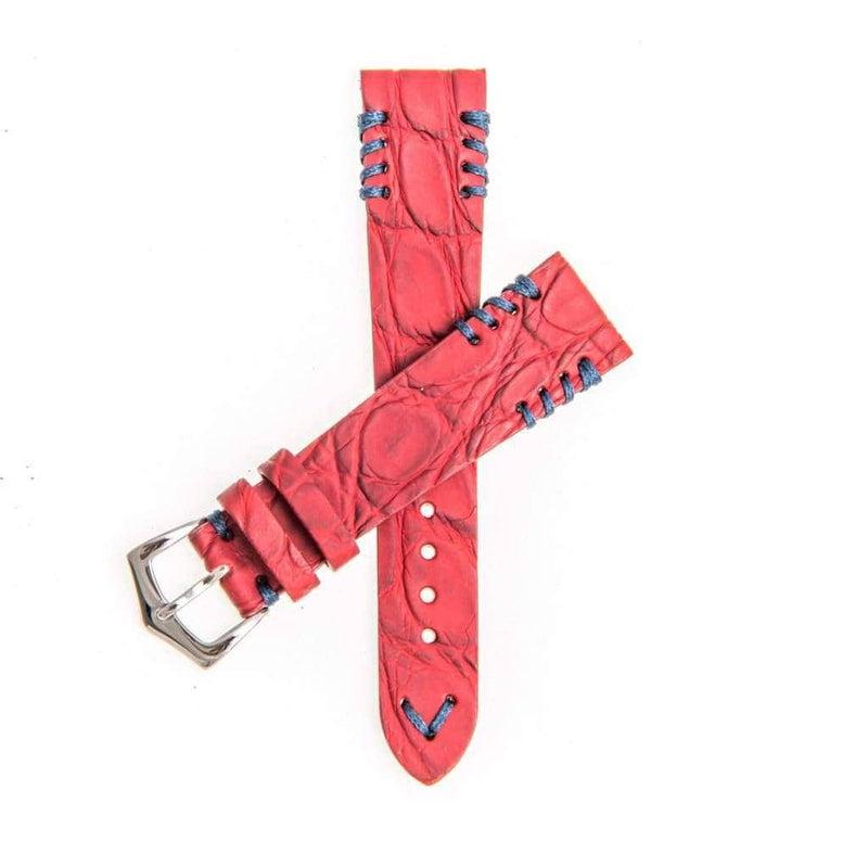 Red Rubberized Crocodile Watch Strap Blue Tribal Stitches - 20mm - Crocodile Strap- Milano Straps