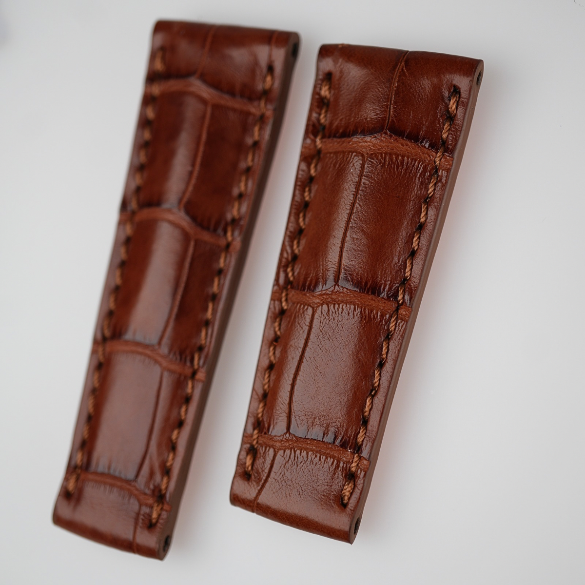 Italian Cognac Brown Alligator Leather Strap for Rolex Daytona | Brown Stitching